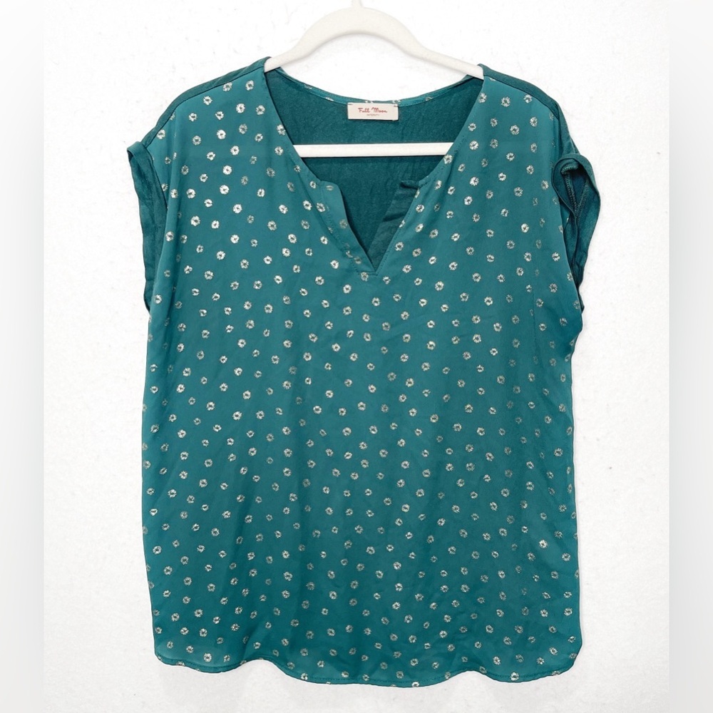 Full Moon Maternity Top Short Sleeve Size Large Teal Gold Bohemian Style Comfy